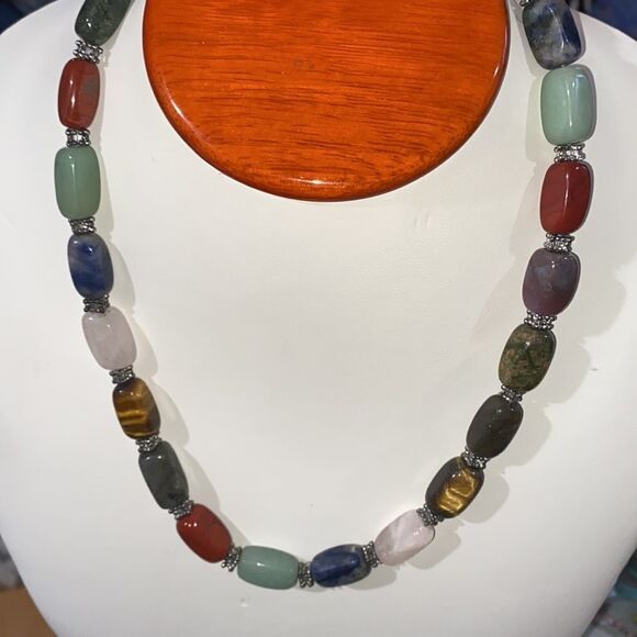 Multicolored Semi Precious Stone & Sterling Silver Chain Necklace - Picture 3 of 8